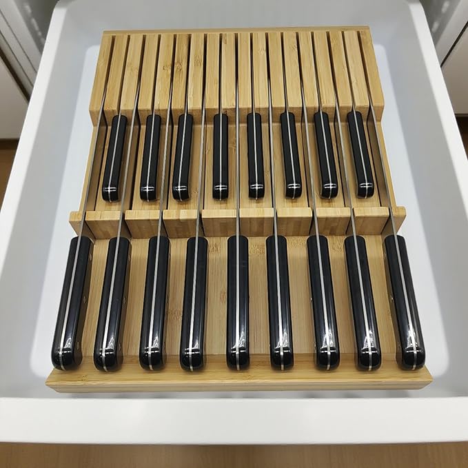 Bamboo In-Drawer Knife Block, 17 Slot Large Capacity Knives Organizer, Upper and Lower Kitchen Steak Knife Storage Rack - Holds 8 Short + 9 Long Knives