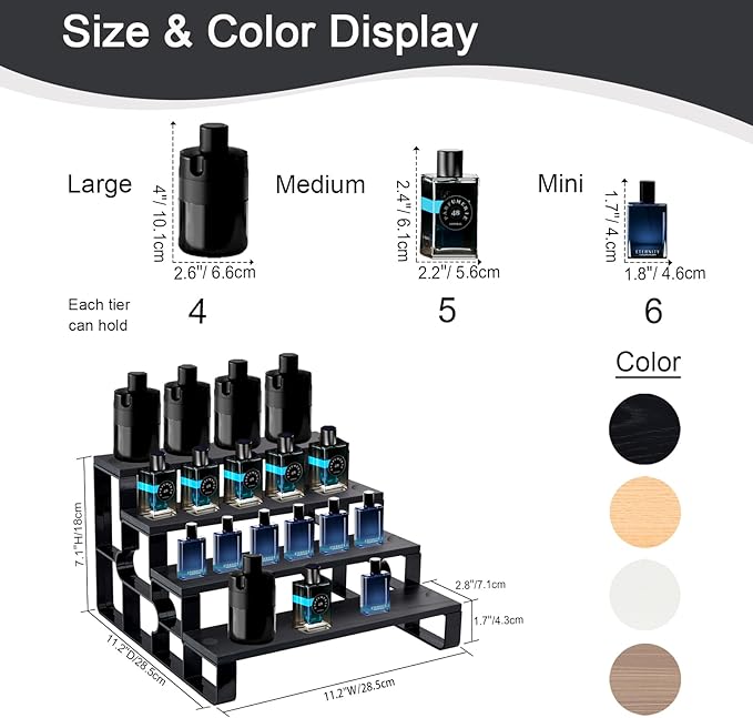 4 Tier Perfume Organizer for Dresser,Black Wood Cologne Stand for Men,Mens Shelf Decor for Bedroom,Perfume Holder for Bathroom,Risers Display Stands for Makeup,Party,Figures,Cupcake(Width=11.2")
