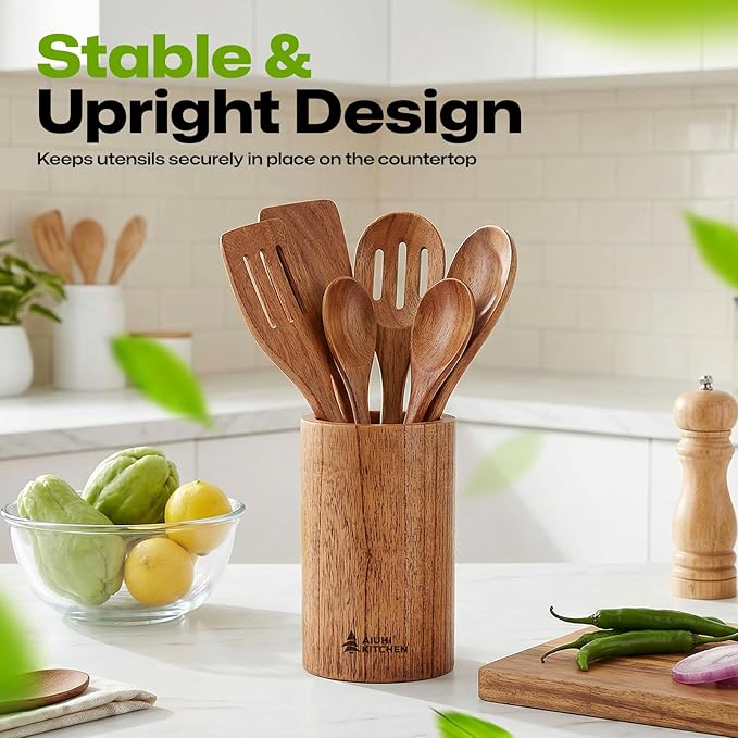 AIUHI Wood Utensil Holder for Kitchen Counter, Wooden Utensil Crock, Kitchen Utensil Organizer, 5.9"x 3.5" Large Spatula and Spoon Holders