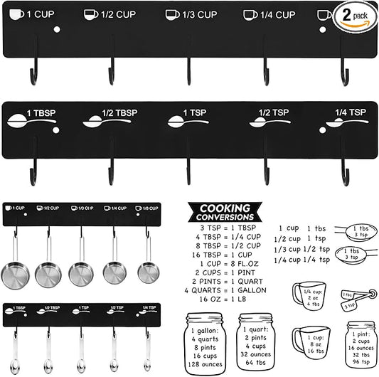 Premium Measuring Cups and Spoons Hanging Rack with stick, Measuring Cup Organizer Rack Suitable for Kitchen Hanging Cups and Spoons, Including Screw and Adhesive Mounting (Stickers+Measuring)