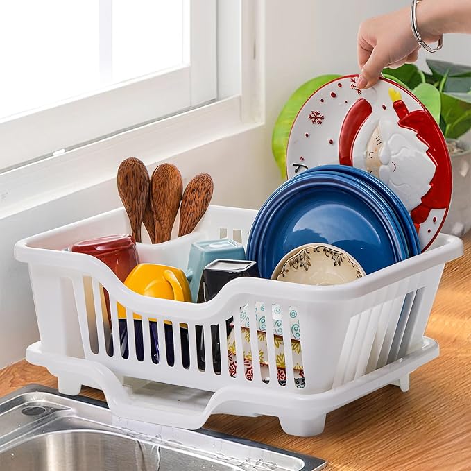 2-Piece Plastic Dish Drying Rack, Heavy Duty Sink Set Dish Rack, White Large Drainer with Attached Drainboard Utensil Cup Holders for Home Kitchen Counter Top Organizers