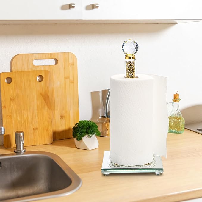 Suwimut Paper Towel Holder, Gold Paper Towel Roll Dispenser Stand Weighted Base Non Slip Filled with Sparkly Crystal Crushed Diamond House Decor for Home Kitchen Countertop Tabletop