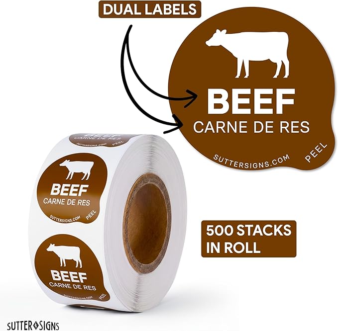 Beef Food Labels 500 pcs | 1" Dot Bold Sticker Labels for Party Buffet, Delis, Sandwich Shops, Food Containers