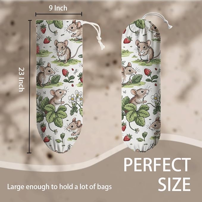 Rats Strawberry Plastic Bag Holder, Reusable Washable Shopping Bags Storage Carrier, Fabric Garbage Trash Bag Dispenser for Home Kitchen Pantry Cabinet, Wall Mount, Kitchen Housewarming Gifts