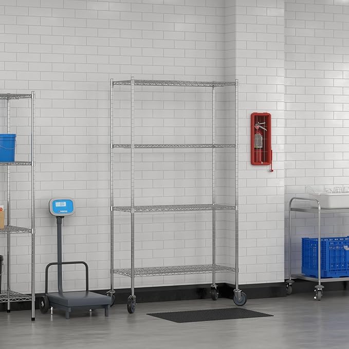 Commercial NSF Listed Chrome Mobile Wire Shelving Kit 18" x 42" x 80", with 4 Shelves Perfect for Warehouse, Walk-in Refrigerator, Freezer, Grocery Store, Restaurant, Dishroom