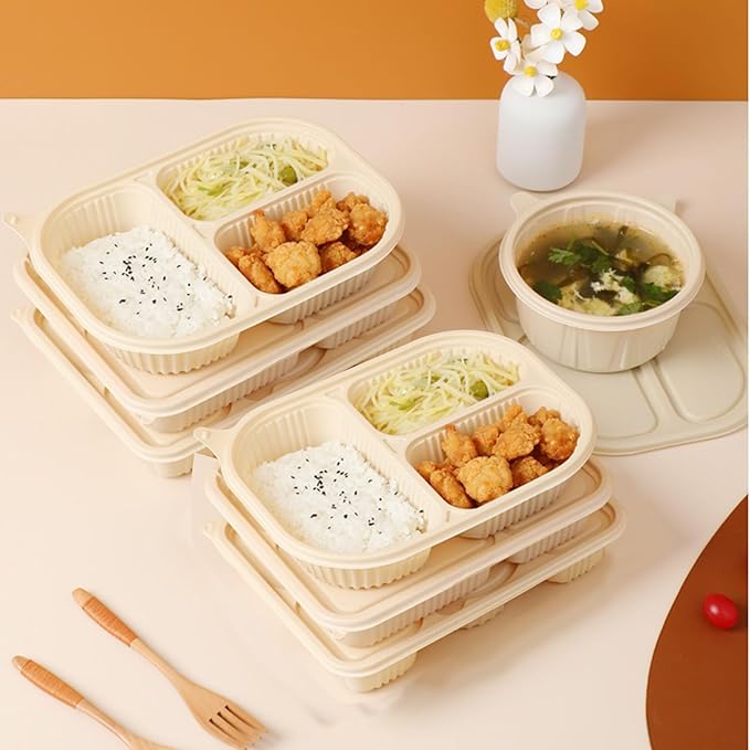 FUailiYY 30 Packs of Disposable 36 Ounce Square Meal Prep Container, 3-Chamber biodegradable clamshell containers, Thickened Food Storage Container With Lid, Stackable.