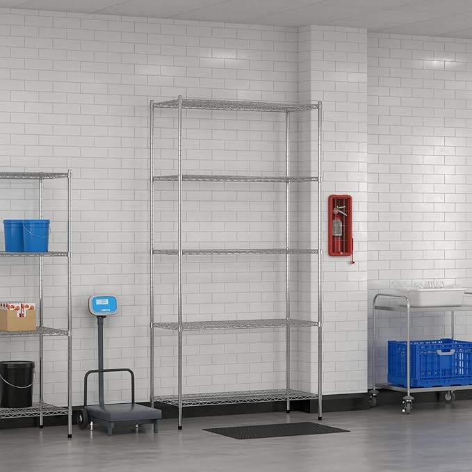 Commercial NSF Listed Chrome Stationary Wire Shelving Kit 21" x 48" x 96", with 5 Shelves Perfect for Warehouse, Walk-in Refrigerator, Freezer, Grocery Store, Restaurant, Dishroom