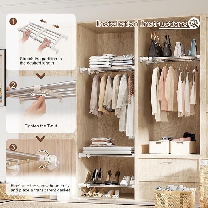 Hershii Closet Tension Shelf & Rod Expandable Metal Storage Rack Adjustable Organizer DIY Divider Separator for Cabinet Wardrobe Cupboard Kitchen Bathroom，15.74-23.62inches | Organizer, DIY, Divider, Separator, for Cabinet, for Wardrobe