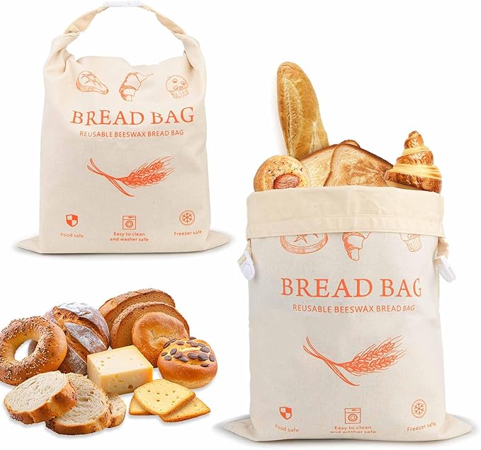 HOYEEFOU 2-Pack Reusable Beeswax Bread Bags for Homemade Bread & Sourdough,100% Linen Waxed Bags Keeps Fresh Longer,XL Eco-Friendly Fresh Food Storage,Freezer Safe