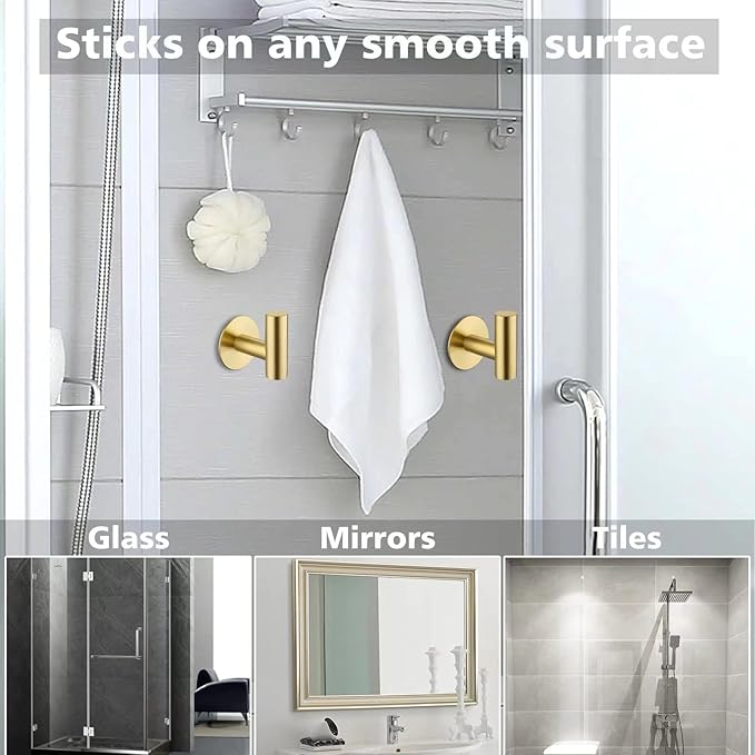 Bntuk Adhesive Hooks Towel Hooks for Bathroom, Stainless Steel Waterproof Shower Hook Towels Holders, Coat Hook for Hanging Clothes, Wall Hooks Stick on Bathroom or Kitchen - 2 Pack, Gold