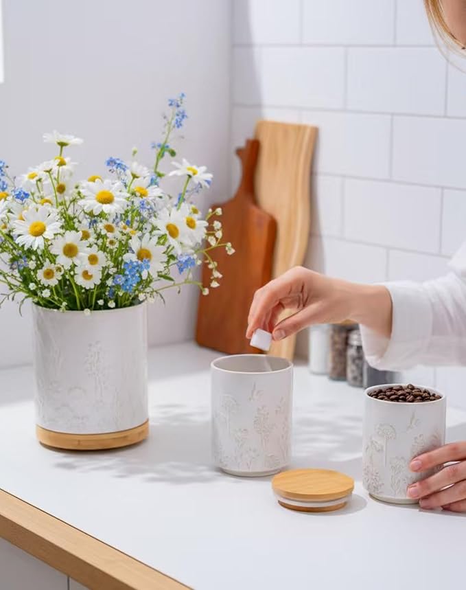 TEATALK Utensil Holder Set of 2, 7.7"+5.7" Ceramic Kitchen Utensil Holder for Countertop, Farmhouse Vintage Utensil Crock for Cooking Utensils, Large Utensil Organizer (Flower Butterfly)