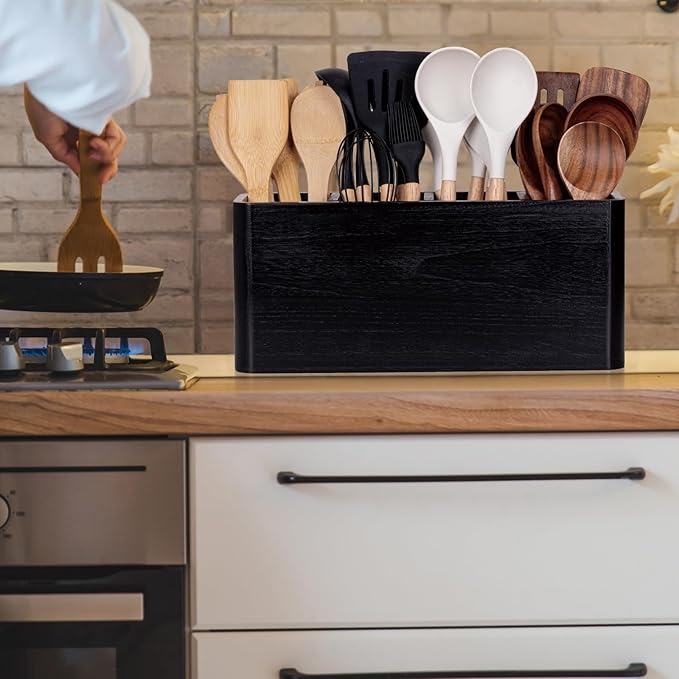 Extra Large Farmhouse Utensil Holder for Kitchen Counter, Large Wooden Utensil Holder with 4 Compartments, Black