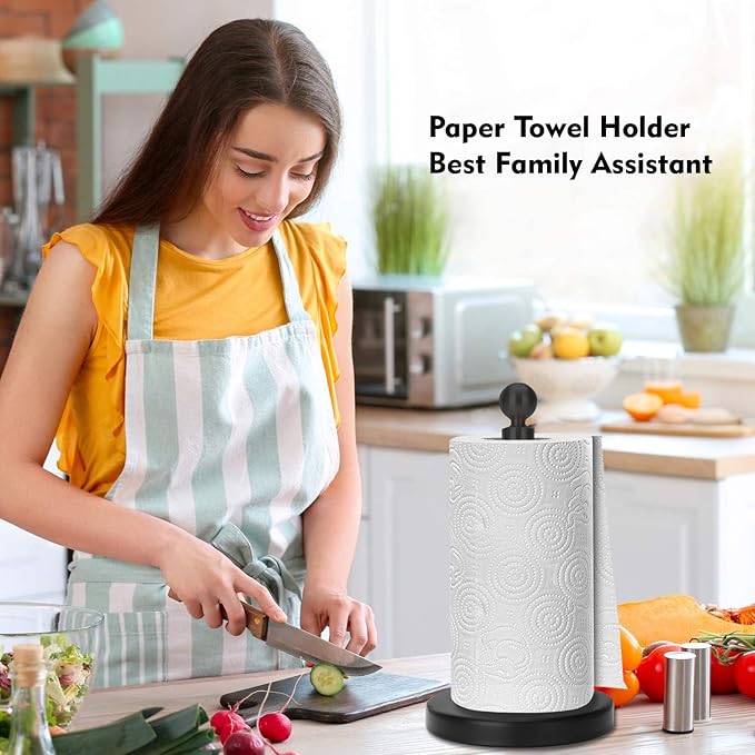 Paper Towel Holder Countertop, Standing Paper Towel Roll Holder for Kitchen Bathroom, with Weighted Base for One-Handed Operation, No Wobbly (Stainless Steel Base, Black)
