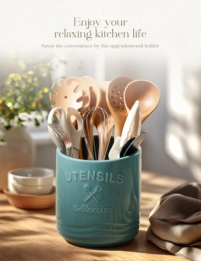 AISBUGUR Large Ceramic Utensil Holder 7.5" H×6.3" W with Slanted Mouth - Utensil Crock with Non-Slip Cork Base for Kitchen Counter, Ideal for Decor & Gift,Blue