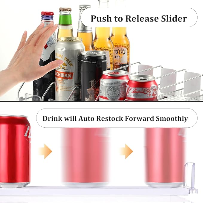 Drink Organizer for Fridge, Soda Can Organizer Dispenser for Refrigerator with Automatic Pusher Glided, Width Adjustable Clear Dividers Can Holder for 6-20oz Beverage, 15''D x15.4''W, 5 Rows