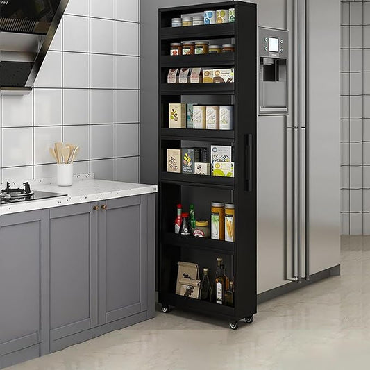 7 Tier Slim Rolling Storage Cart with Wheels, Narrow Storage Cabinet for Small Spaces, Mobile Spice Rack Organizer for Kitchen, Pantry, Baking Room, Dining Room(Black,7.9"x17.7"x72.4")