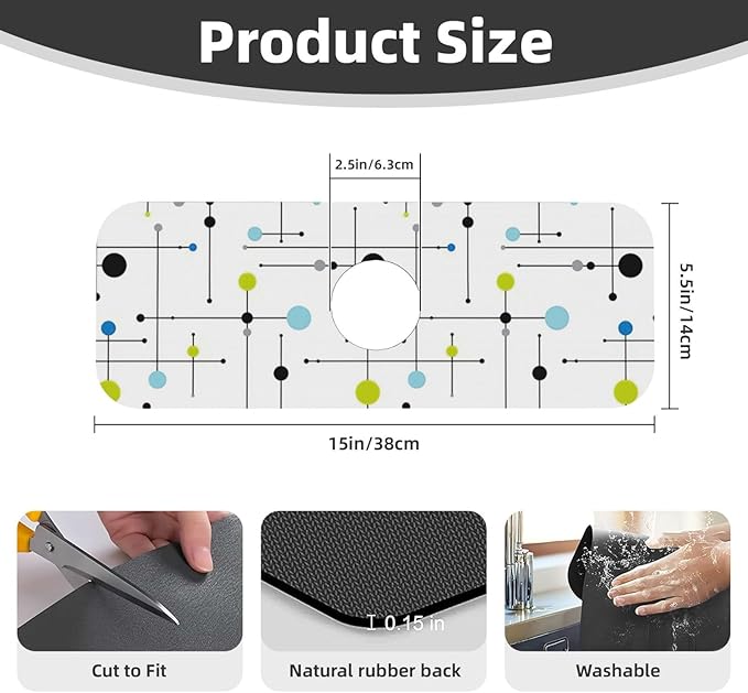 Atomic Mid Century Geometry Rustic Modern Black Kitchen Sink Splash Guard Faucet Mat 1 Pcs, Absorbent Fast Drying Mat Gadgets Splash Guard For Bathroom 15 X 5.5 Inches