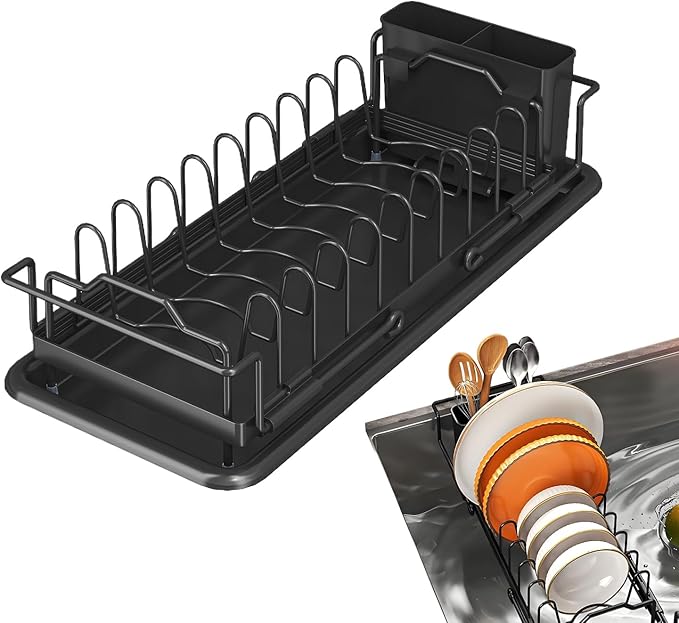 Dish Drying Rack, Retractable Sink Drainer, Adjustable Non Slip Organizer for Kitchen Counters Apartment RV Farmhouse Use Holding Pots Pans Utensils, Space Saving Design for Daily Cleaning