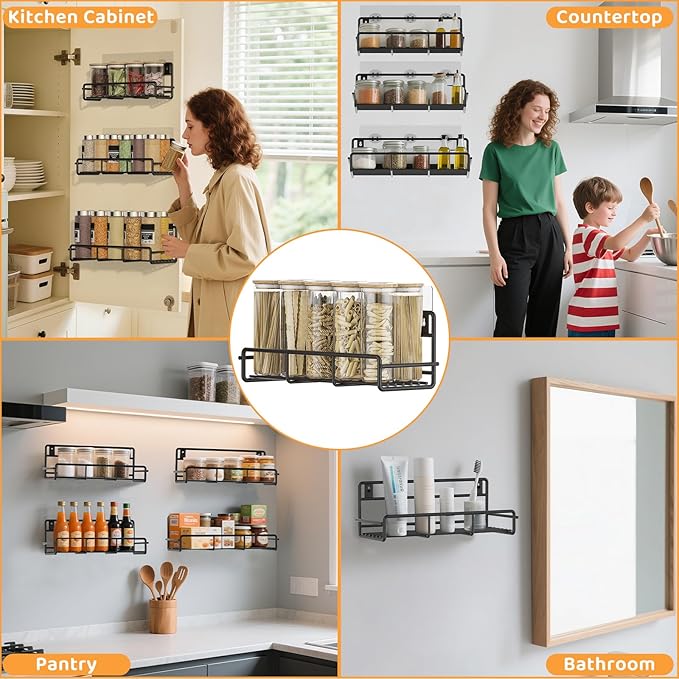 2 Pack Wall Mount Spice Rack Organizer, for Kitchen Pantry Door Storage and Organization, Heavy-Duty Metal Kitchen Spice Rack, Flexible Wall Iron Shelves with Adhesive Hook, Black