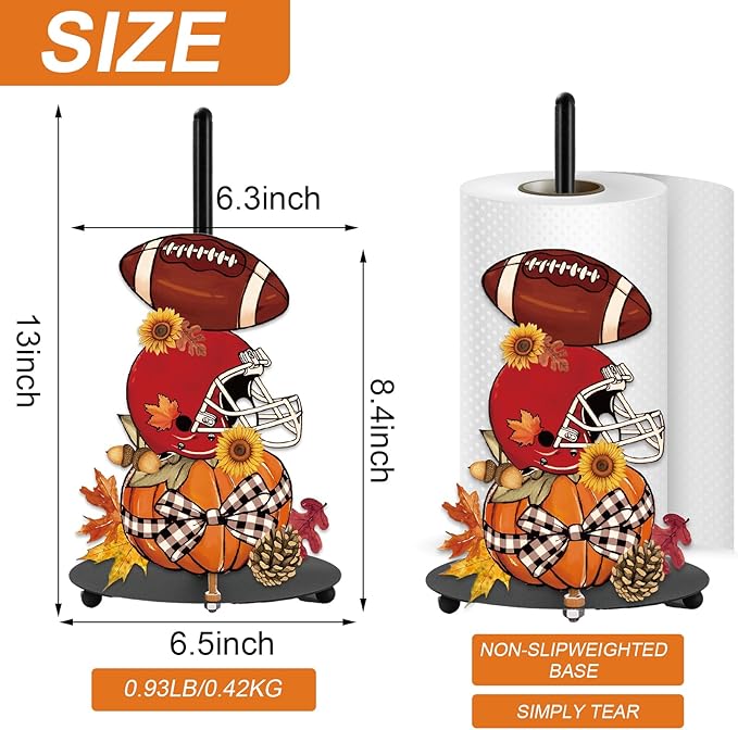 JarThenaAMCS Fall Paper Towel Holder Pumpkin Football Kitchen Decor Accessories Large Metal Towel Holder Stand for Autumn Thanksgiving Home Party Bathroom Countertop