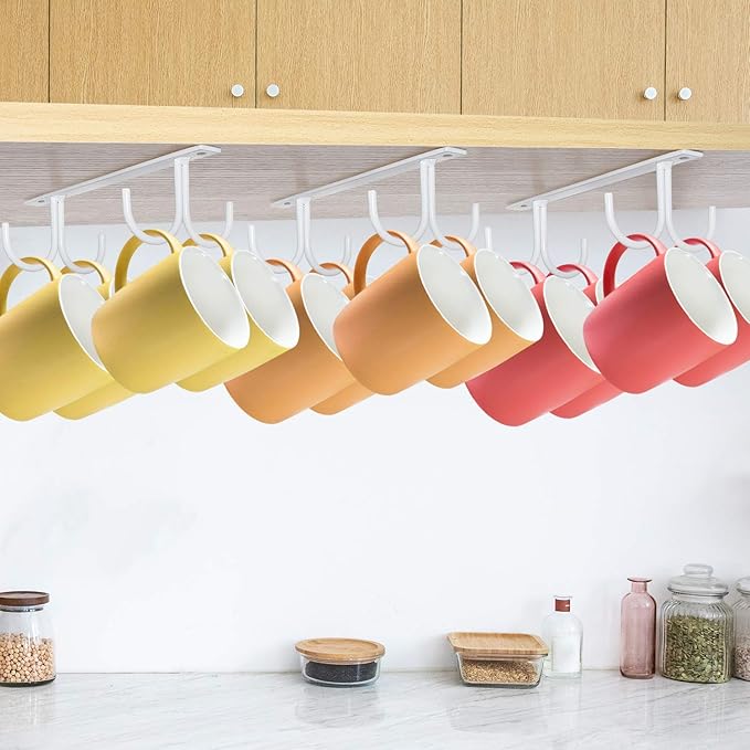 MOCOUM Under Cabinet Mug Rack, Rustic Mug Organizer Rack Cup Holder Under Shelf 12 Hanging Hooks Rack for Mugs, Coffee Cups and Kitchen Utensils Display (White-3 Pack-12 Hooks)
