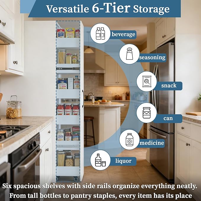 Tall Slim Rolling Storage Cart on Wheels 6-Tier Next to Fridge 11.81 inch Wide Narrow Pull-out Skinny Spice Rack Side of Refrigerator Slide-out Shelf Pantry Cabinet for Kitchen, Laundry Room White