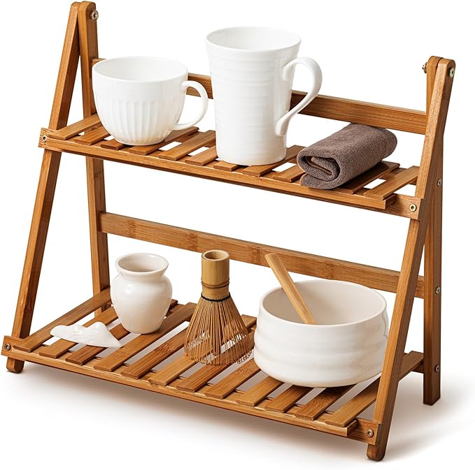Matcha Station Shelf,15.7'' Coffee Station Organizer, 2 Tiers Bamboo Mug Holder Countertop,Desktop Flower Pot Rack for Home Living Room Window Sill Foldable Display Storage Shelf (Brown)