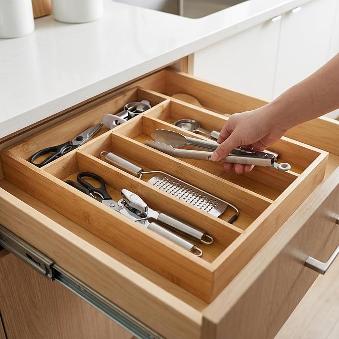 Wooden Silverware Organizer for Drawer, Bamboo Utensil Drawer Organizers, Kitchen Utensil Organizer Tray with 5 Storage Compartments, Flatware Organizers for Cutlery Flatware 13.1 x 9.8 x 1.5"