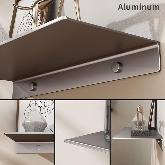 Danpoo Adhesive Floating Shelves for Wall Storage, Metal Wall Shelves for Living Room, Bathroom, Kitchen, 12” Small Display Shelves for Collectibles(Grey, 2 PCS)
