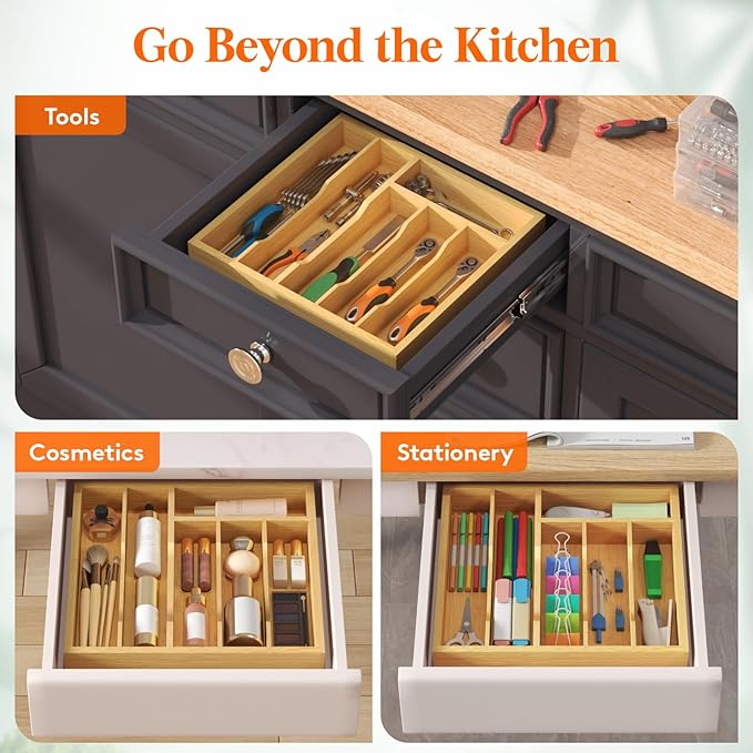 Lifewit Silverware Drawer Organizer Tray, Bamboo Cutlery Storage for Kitchen Drawer, 6 Compartment Flatware and Utensil Holder Divider for Spoons Forks Knives Tableware, Natural