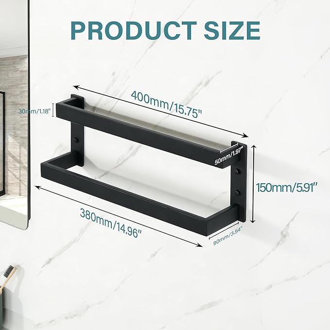 Alise Double-Layer Towel Bar, Matte Black Towel Racks for Bathroom Wall Mounted, Stainless Steel Bathroom Towel Holder, Modern Space Saving Towel Rod, 16"
