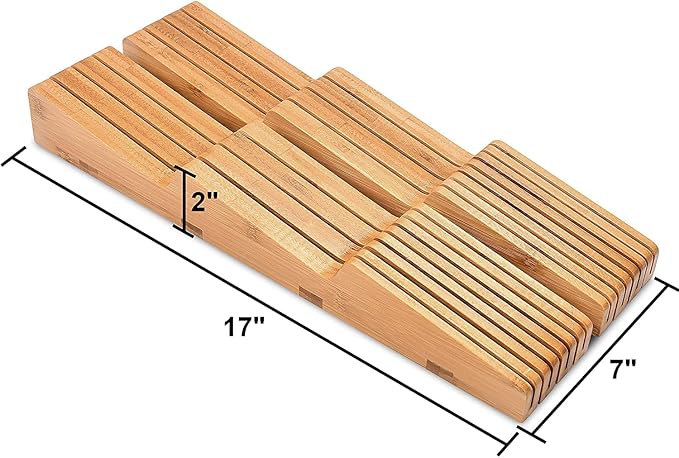 Homemaid Living In Drawer Knife Block Bamboo, Holds 14 Knives + Knife Sharpener Slot, Knife Organizer for Kitchen Drawer, Knife Drawer Organizer, Drawer Insert, Drawer Knife Holder (2" tall, 17" deep)