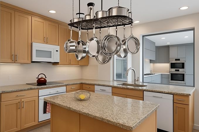 Black Hanging Pot and Pan Rack Organizer Space-Saving Ceiling Mount Cookware Storage Rack 2 Heavy Duty Swag Hangers and 15 S-Hooks; Bonus - 2 Heat Resistant Oven Mitts.Colgador Para ollas Y Sartenes.