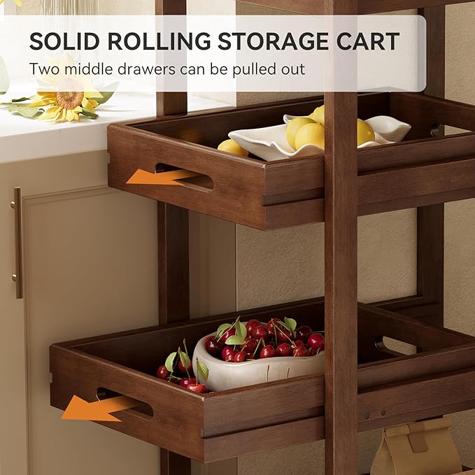 Solid Wood Storage Cart Set of 2, 4-Tier Slim Kitchen Rolling Cart with Wheels, Narrow Mobile Utility Organizer Shelving Unit for Small Space, Living Room, Dining Room, Laundry, Walnut