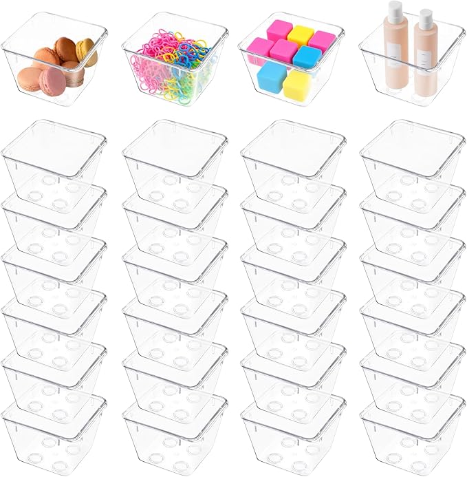 24 Pcs Clear Drawer Organizers 3" x 3" x 2" Stackable Small Makeup Vanity Storage Bins Small Desk Drawer Organization Clear Container Dividers for Makeup Vanity Office Bathroom Kitchen Utensil