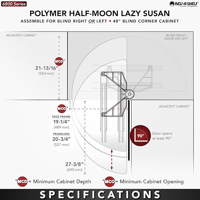 Rev-A-Shelf 39" Pull Out Half Moon Shelves for Blind Corner Kitchen/Bathroom Cabinets, 2 Shelf Sliding Organizer with Hardware, White, 6882-39-11-570