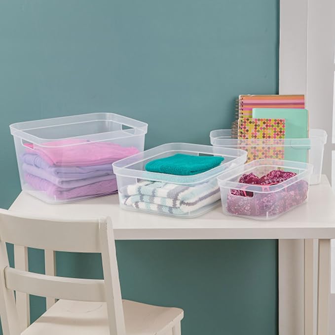 Sterilite 4.25 x 8 x 12.25 Inch Small Modern Storage Bin w/Comfortable Carry Through Handles & Banded Rim for Household Organization, Clear (24 Pack)