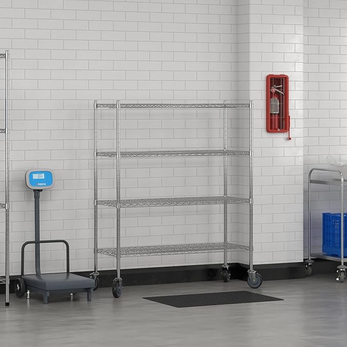 Commercial NSF Listed Chrome Mobile Wire Shelving Kit 18" x 48" x 60", with 4 Shelves Perfect for Warehouse, Walk-in Refrigerator, Freezer, Grocery Store, Restaurant, Dishroom