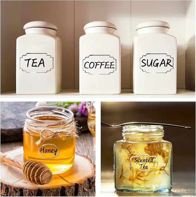 Removable Clear Labels for Jars, Transparent Label Stickers with Silver Border,Waterproof Write-On Kitchen Labels with Markers for Food Container,Storage Bin,Spice Jar,Home Organization,138Pcs