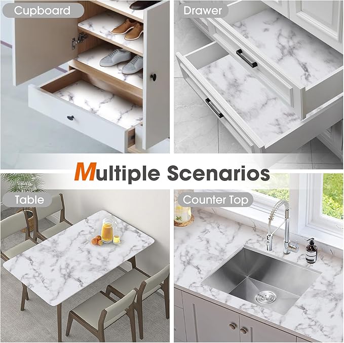 ALIUNI Drawer and Shelf Liner, Non-Slip Kitchen Cabinet Liners Non-Adhesive Thick Strong Grip Waterproof Washable Mats Protect Dresser Shelves Cupboard Bathroom Cabinets, White Marble, 18 in X 30 FT