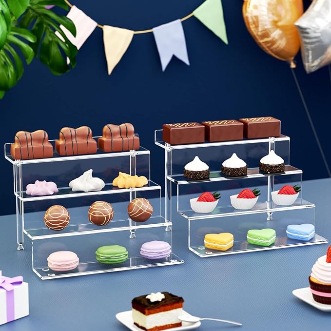 NIUBEE Acrylic Riser Display Shelf, Clear Display Stand for Amiibo Funko POP Figures,4 Tier Cupcakes Stand Perfume Organizer and Storage (9 Inch Small)