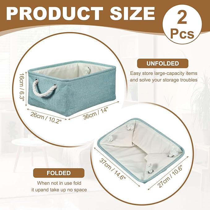 uxcell 2Pcs Fabric Storage Bins, 14 x 10.2 x 6.3 Inch Foldable Storage Cubes with Rope Handles Collapsible Bins Baskets for Home Office Shelves Closet Clothes Books Organizing, Blue Green
