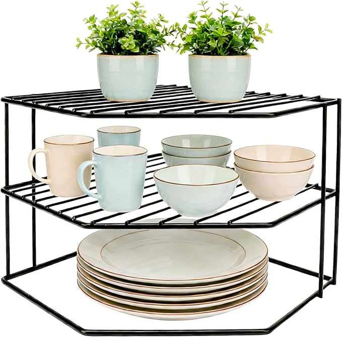 SIBAO 3 Tier Kitchen Corner Shelf Rack and Cabinet Organizer for Plates and Cups, Metal Wire Kitchen Shelf, Steel Metal Frame, Rust Resistan,10x10x7inch, Black