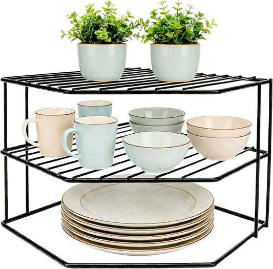SIBAO 3 Tier Kitchen Corner Shelf Rack and Cabinet Organizer for Plates and Cups, Metal Wire Kitchen Shelf, Steel Metal Frame, Rust Resistan,10x10x7inch, Black