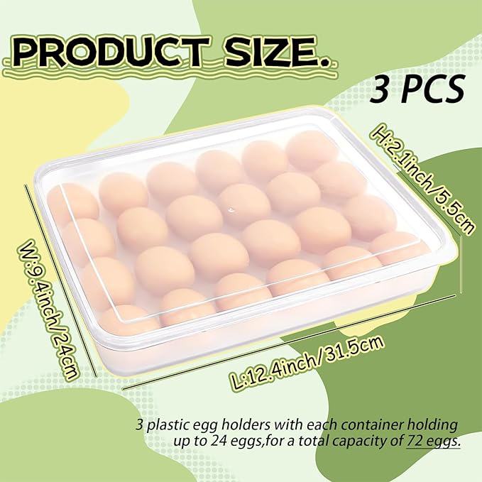Anyumocz 3 Pcs Egg Holder for Refrigerator,Deviled Egg Containers with Lid,Plastic Stackable Clear Egg Tray Carrier for Kitchen,Keep Fresh(72 Eggs)
