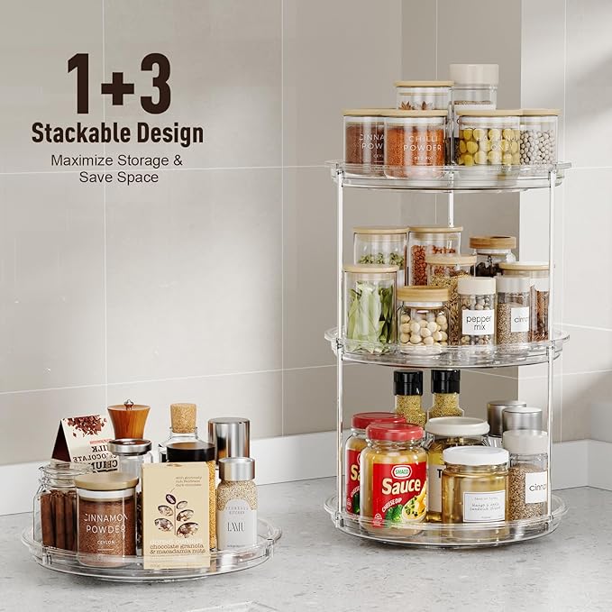 2 Pack 2 Tier Lazy Susan Organizer, 9.25'' Lazy Susan Turntable for Cabinet, Stackable Turntable Organizer Rotating Spice Rack Organization for Kitchen Countertop, Pantry, Bathroom, Clear