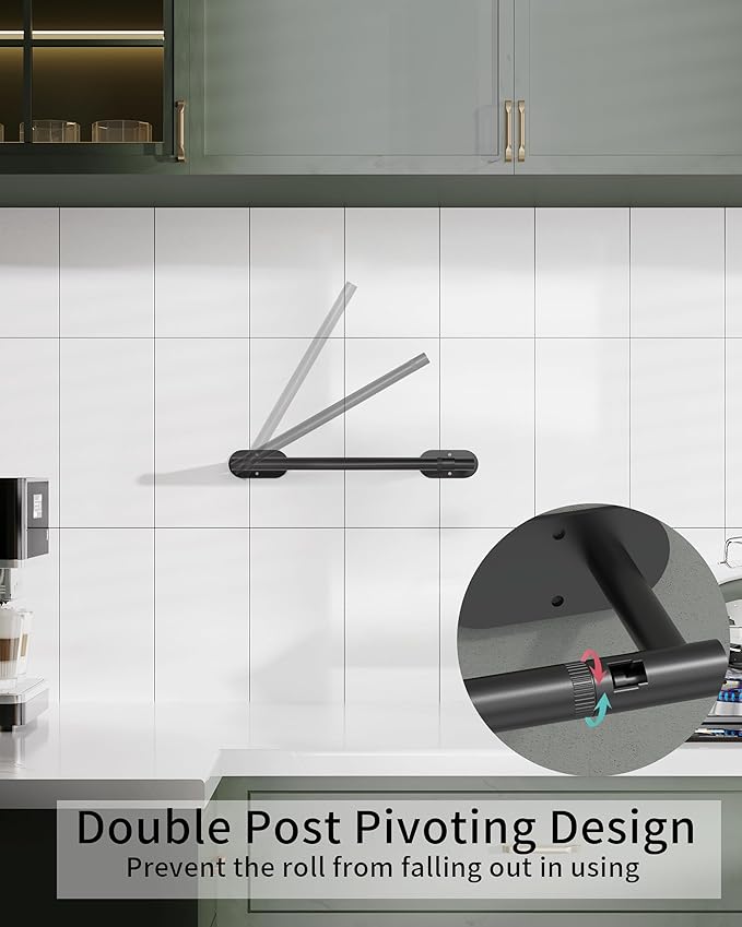 Paper Towel Holder Under Cabinet, Self Adhesive or Wall Mounted SUS304 Stainless Steel Paper Towel Holder for Kitchen, Bathroom(2 Towel Hooks, Matte Black)
