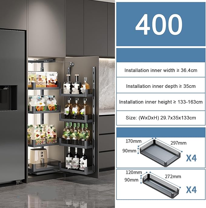 WIGING 4-Tier Narrow Cabinet Pull-Out Basket, High Cabinet Pull-Out Storage Rack with Adjustable Dividers for Kitchen Bathroom Pantry, Single-Layer Load Capacity: 15kg(29.7x35x133cm)