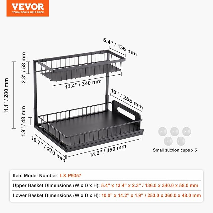 VEVOR 2 Tier Pull Out Cabinet Organizer(10.7"W x 14.2"D), Under Sink Organizer and Storage, Slide Out Drawer Cabinet Organizer, Wire Basket Sliding Storage, 12.5"Wx15.5"Dx13"H Install Size for Cabinet