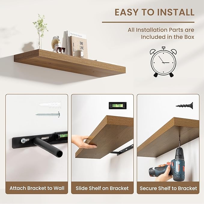 Dreamland 24 Inches Floating Shelves for Wall, 8" Deep Long Floating Shelves Set of 2, Large Display & Storage Shelf, Wall Shelf for Bathroom Bedroom Living Room Kitchen Office, Walnut